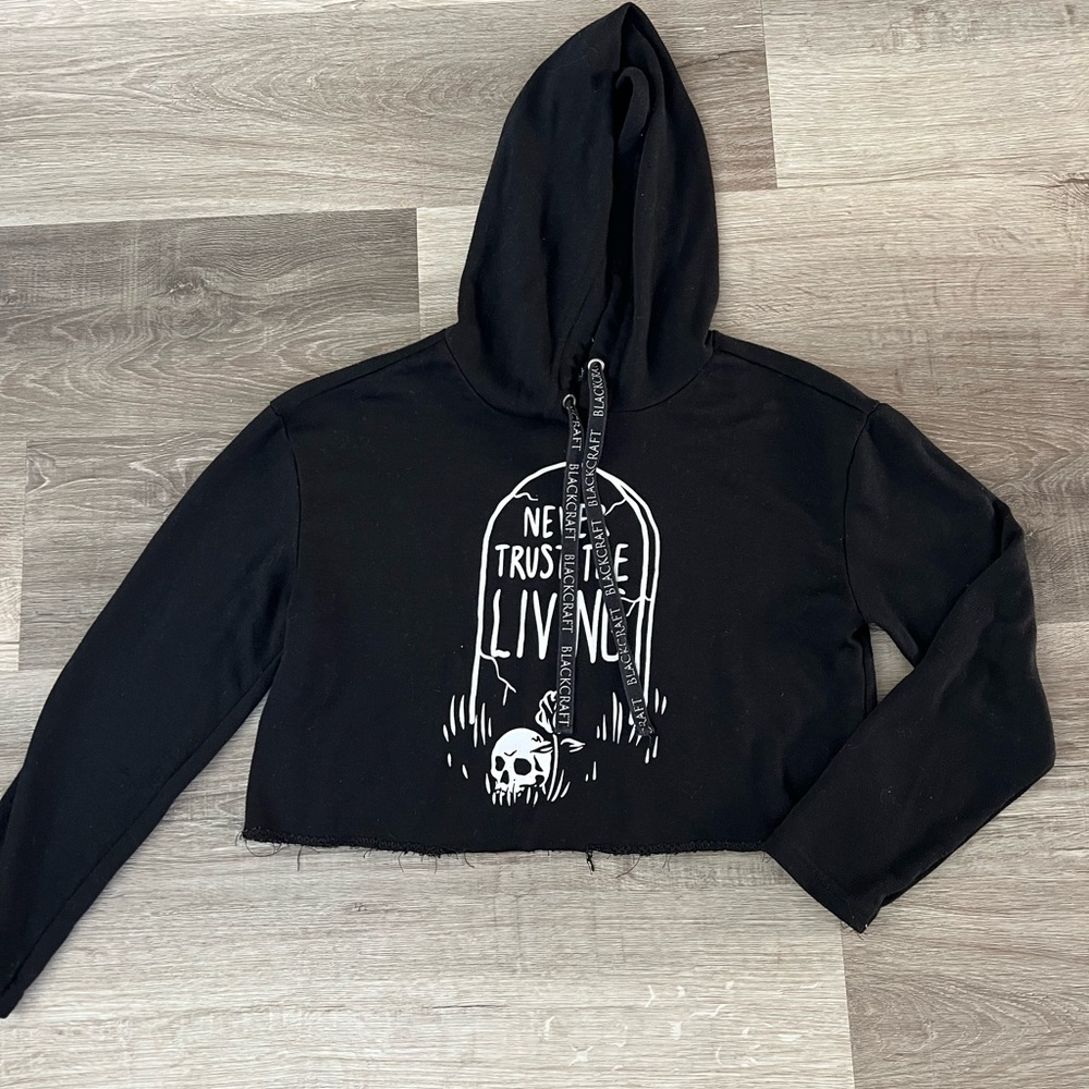 Blackcraft cropped black hoodie Never Trust The Living. XS
